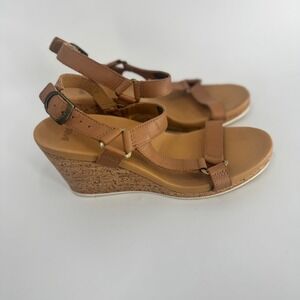 Teva Mahonia Wedge Sandals Women 7 Brown Leather Cork Strappy Buckle 1011487